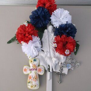 Patriotic Red‑White‑Blue Floral Memorial Stake w/ Jesus Figurine & Cross Bundle